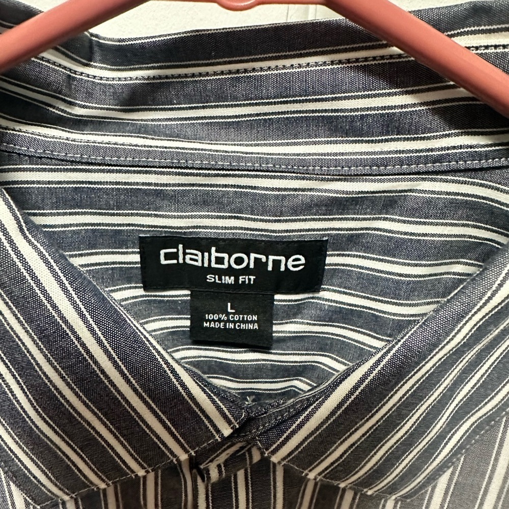 Claiborne Men's Black and White Striped Button Down Shirt - Picture 2 of 4
